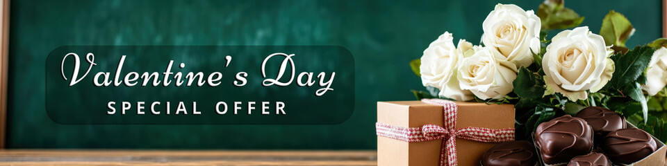 Wall Mural - happy valentine's day sale banner with gift box, chocolate and white roses bouquet photo.