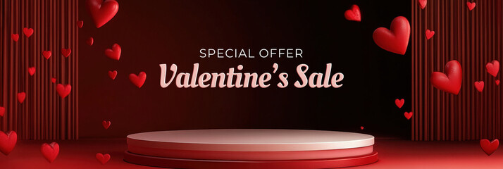 Wall Mural - valentine's day sale banner with 3d blank round pedestal and hearts floating on red background.