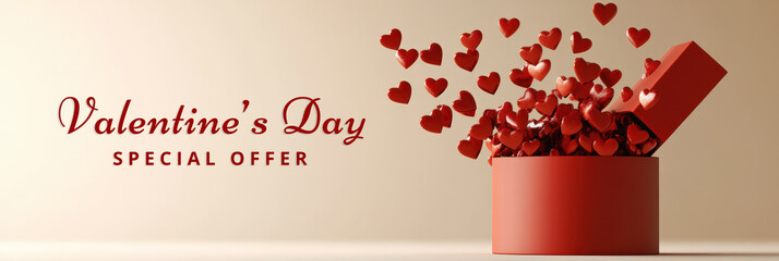 Wall Mural - valentine's day sale banner with red hearts coming out of box on pastel brown background.