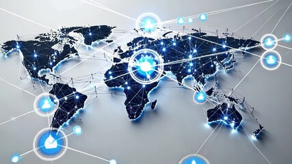 Poster - Global Network: A stylized world map displays a complex network of interconnected nodes, symbolizing global communication, data flow, and interconnectedness. The vibrant blue nodes pulse with light.
