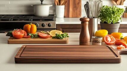 Wall Mural - A kitchen counter with a wooden cutting board