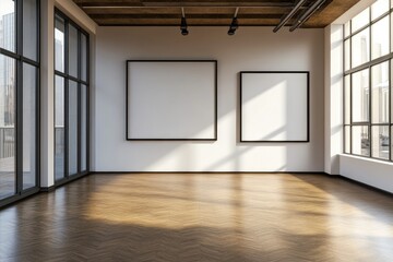 Wall Mural - Interior of a modern art gallery, with blank canvases displayed against a white wall on a wooden floor and natural sunlight streaming in through large windows.