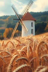 Wheat field with windmill against a backdrop of hills and trees during golden hour