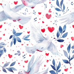 Wall Mural - Seamless Charming doves flying with hearts and leaves create joyful pattern