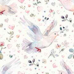 Wall Mural - Seamless Charming watercolor doves with raised wings and floral hearts