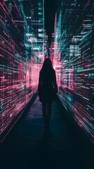 Poster - Woman walks through glowing digital city street.