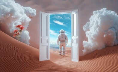 Aufkleber - A white door opens to reveal an astronaut standing in the desert, surrounded by clouds and flowers. The scene is surreal, with sand dunes and sky. A dreamy atmosphere envelops everything.