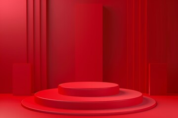 Poster - red round podium displaying products on minimalist geometric background for branding and packaging p