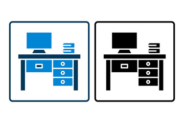 Poster - Desk with Computer icon. icon related to Office. suitable for web site, app, user interfaces, printable etc. solid icon style. simple vector design editable