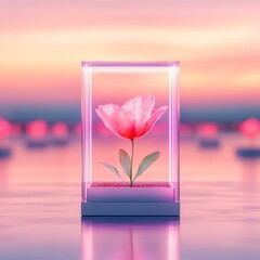 Wall Mural - Pink flower arrangement in a clear glass vase on a wooden table background