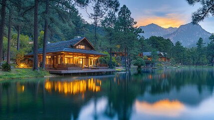 Wall Mural - Lakeside cabin at sunset, mountain view.