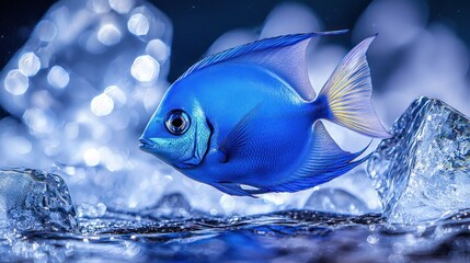 Canvas Print - Vibrant blue fish swimming near ice. (1)