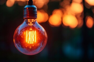 Wall Mural - Glowing lightbulb hanging outdoors at sunset creating warm atmosphere