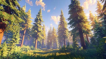 Wall Mural - Sunlit forest path with tall evergreen trees, vibrant green undergrowth, and a clear blue sky.