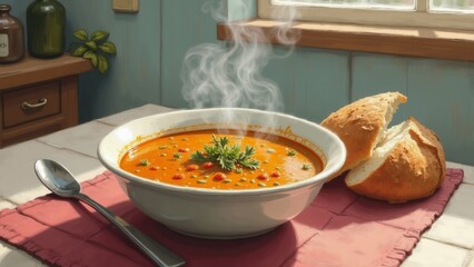 Wall Mural - The image shows a bowl of soup on a kitchen countertop. The soup is orange in color and appears to be tomato-based. It is garnished with fresh herbs and spices.