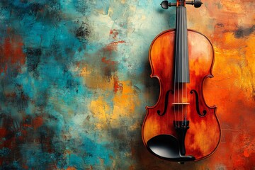 Classic wooden violin hanging on colorful grunge wall