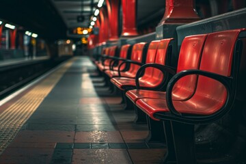 Poster - Red seats stand waiting for passengers in an empty subway station