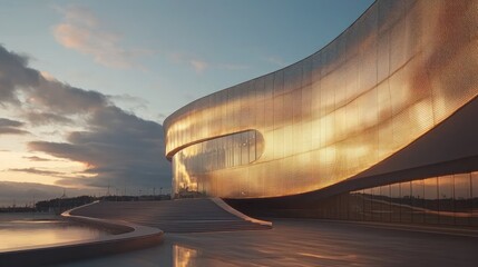 Canvas Print - Golden futuristic building at sunset.