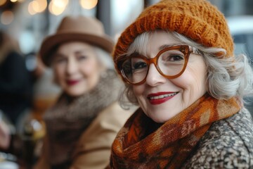 Wall Mural - Senior woman smiling at coffee shop with friend in background