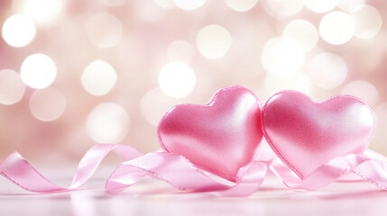 Charming Valentine's Day graphic with two entwined pink hearts and delicate ribbons on a soft light background, expansive panoramic layout, pastel hues, romantic and whimsical atmosphere, high-resolut