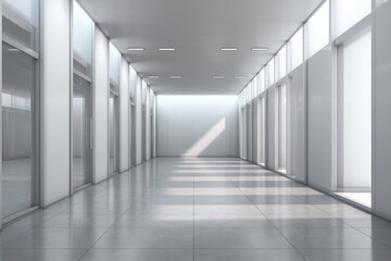  Gray Office Corridor with Modern Architecture and Mock Up Wall for Display