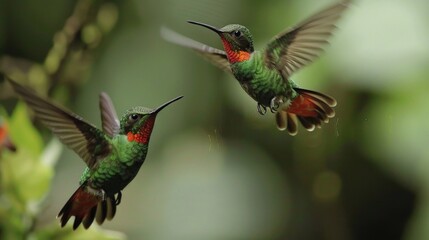 Two hummingbirds in flight against a background of green foliage. Ideal for nature and wildlife illustrations, bird book covers, environmental articles and travel blogs.