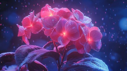 Wall Mural - Glowing pink hydrangeas dusted with snow at night.