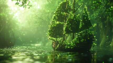 Wall Mural - Enchanting green ship sailing on a mystical river in a lush forest.