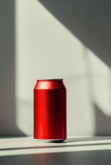Poster - Bright Red Soda Can on Minimalist Surface with Natural Light Casting Shadows - Perfect for Beverage Advertisements and Artistic Compositions