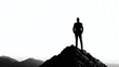 © nitiroj - A businessman silhouette, standing on a mountain peak, sunrise behind, symbolizing leadership and success, isolated on white background