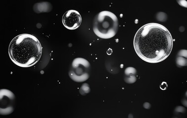 Poster - Captivating Close-Up of Floating Bubbles in Motion Against a Dark Background, Showcasing the Intricate Details and Reflections of Light in Each Sphere