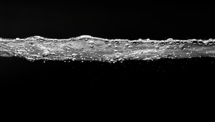 Poster - Captivating Close-Up of Water Surface with Bubbles Against Black Background Showcasing the Beauty and Movement of Liquid with Stunning Visual Detail