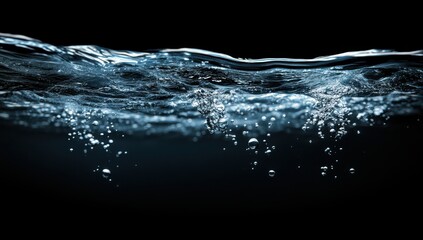 Poster - Captivating Underwater Scene with Bubbles and Waves in Crystal Clear Water Against a Dark Background, Perfect for Nature and Abstract Themes