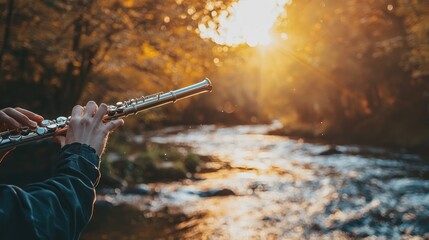 Wall Mural - Person playing flute by autumn river at sunset.