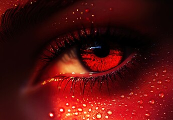 Poster - Close-up of an Intense Eye with Red Hue, Water Droplets, and Dramatic Lighting Creating a Striking, Mysterious Atmosphere in a Captivating Portrait