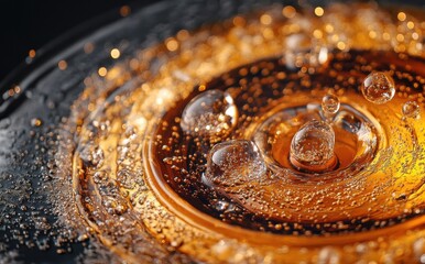Poster - Close-Up of Bubbles and Swirling Liquid in Dark Background Capturing the Beauty of Carbonated Drink in Motion with Glimmering Surface Highlights