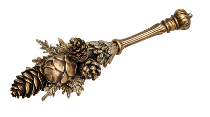 Decorative bronze spoon with pinecone and leaf design, artistically crafted, ideal for collectors and home decor, on white isolated background.