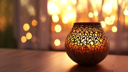 Canvas Print - Illuminated carved candle holder on wooden table, bokeh background.