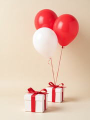 Poster - White Gift Boxes With Red Ribbons Are Tied To Red And White Balloons On A Light Beige Background For Special Occasions. 00003