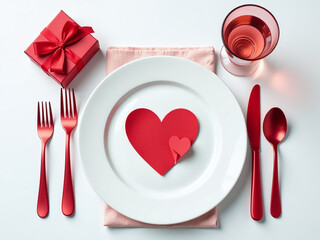 Poster - White And Red Table Setting Features A Top View Of Plate, Cutlery, Napkin, Gift Box With Bow And Valentine Heart For Love. 00002