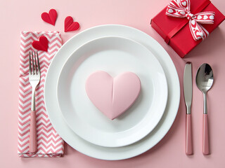 Poster - White And Red Table Setting Features A Top View Of Plate, Cutlery, Napkin, Gift Box With Bow And Valentine Heart For Love. 00003