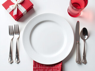 Poster - White And Red Table Setting Features A Top View Of Plate, Cutlery, Napkin, Gift Box With Bow And Valentine Heart For Love. 00001