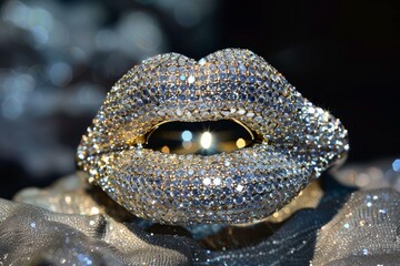 Poster - Diamond encrusted lips shimmering on a silver background, exuding luxury and glamour