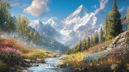 Wall Mural - Majestic snow-capped mountains, vibrant wildflowers, and a tranquil stream.