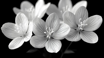 Canvas Print - Close-up of four delicate, monochromatic flowers against a stark black background.