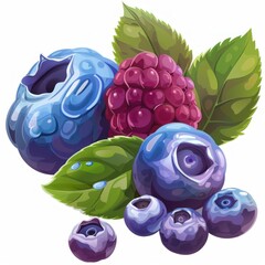 Poster - freshly picked blueberries and raspberry with water drops on green leaves, creating a vibrant and ap