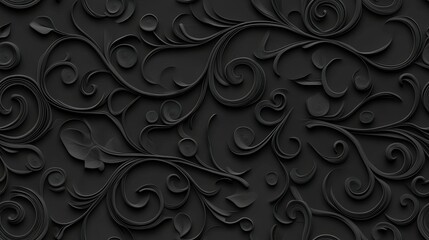 Poster - Discover an elegant black paper texture with swirls and leaves, ideal for your design projects in a detailed 3D pattern SEAMLESS PATTERN