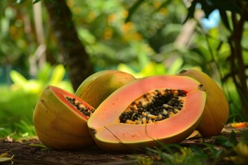 Poster - Ripe papaya cut open revealing seeds, with other papayas resting on tree trunk in outdoor setting