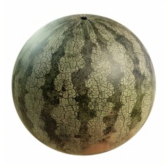 Poster - Ripe watermelon rotating, showcasing its detailed rind texture against white background
