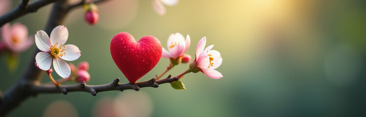 Wall Mural - small heart grows on tree branch amidst blooming flowers and blurred bokeh background with subtle de